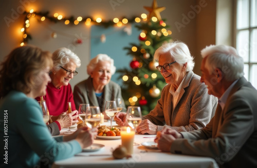 Elderly friends enjoying a festive holiday dinner by the christmas tree photo