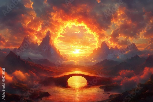 A picturesque sunset illuminates a majestic landscape of mountains and a serene river, bridge framed by vibrant, fiery clouds.