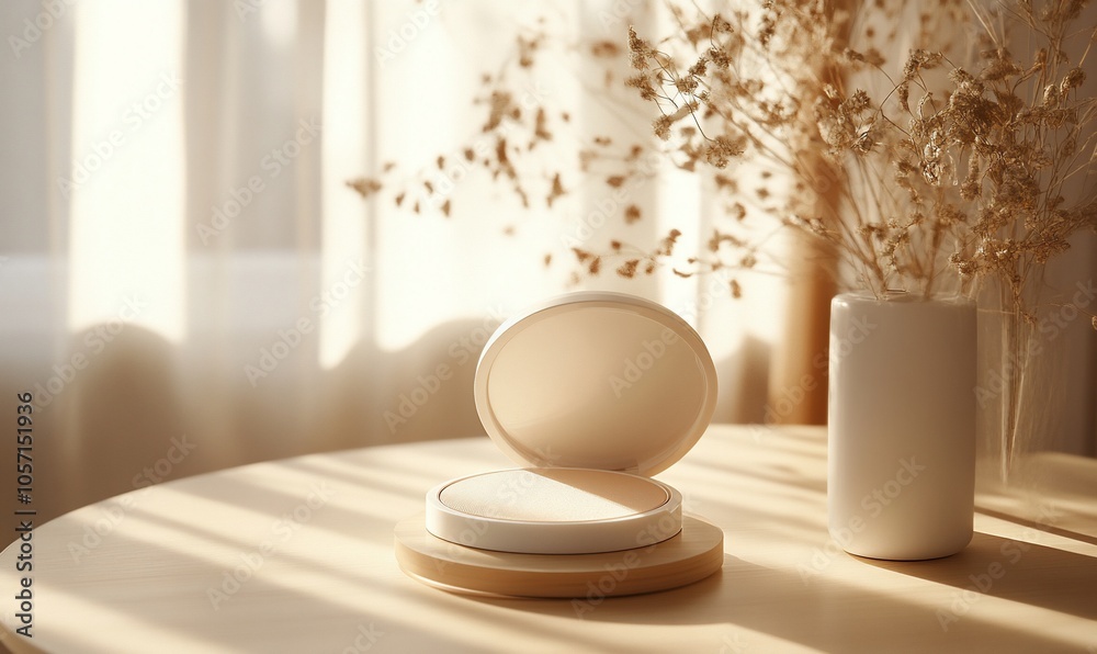 A round, white, open container on a wooden table with sunlight and dried plants in the background. A round, white, open container on a wooden table with sunlight and dried plants in the background.
