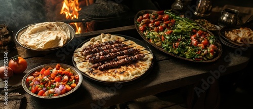 Turkish kebabs grilled to perfection with fresh vegetables and flatbread on rustic table photo