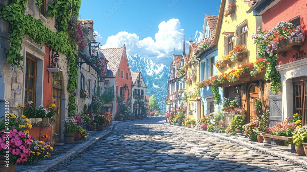 Obraz premium A charming cobblestone street in a European village, lined with colorful buildings, flower boxes on windows, and a clear blue sky 