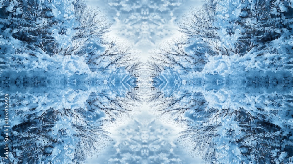 A blue and white image of trees with snow on them A blue and white image of trees with snow on them