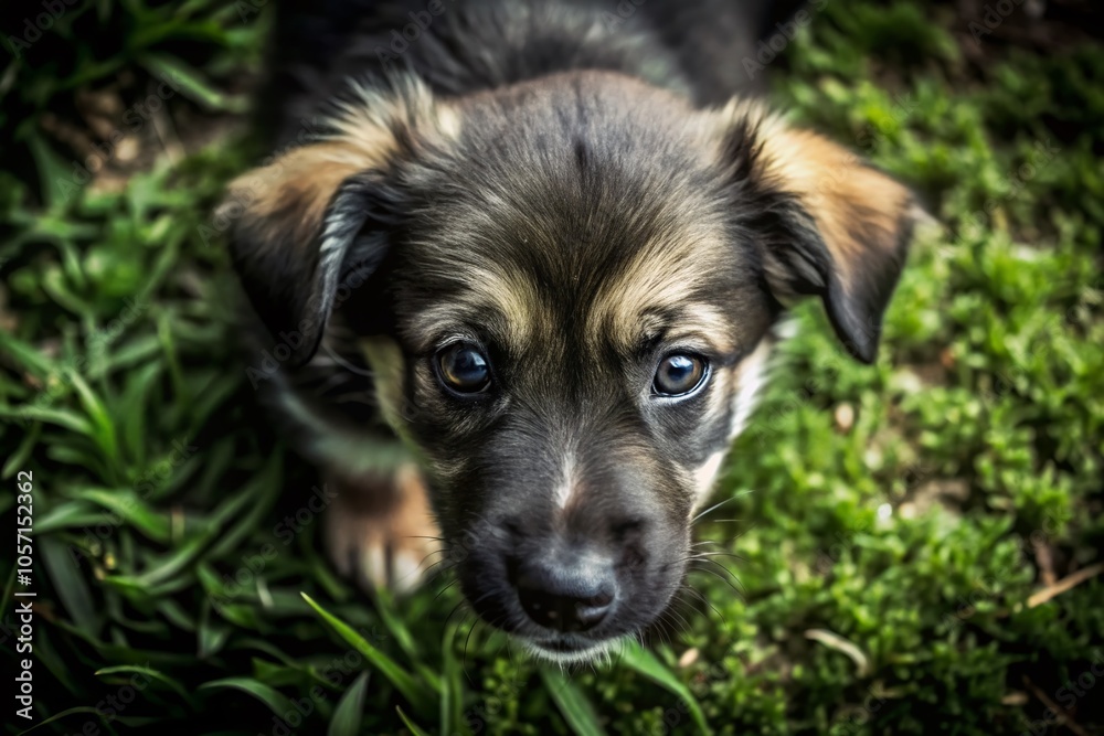 Playful Puppy in Aerial View: Brown and Grey Fur with Tail Raised Looking Down Playful Puppy in Aerial View: Brown and Grey Fur with Tail Raised Looking Down