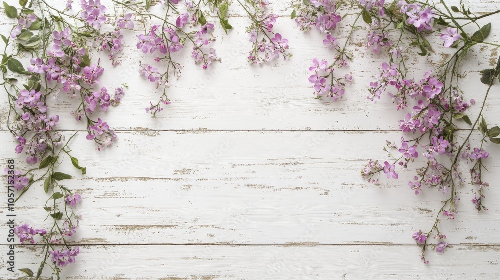 A floral backdrop featuring lilac blooms on a textured white wood surface providing generous copy space and an overhead perspective suitable for various celebrations A floral backdrop featuring lilac blooms on a textured white wood surface providing generous copy space and an overhead perspective suitable for various celebrations