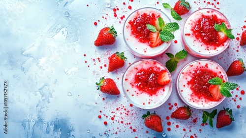 Assorted glasses of creamy panna cotta dessert topped with peppermint and strawberry jam garnished with fresh strawberries displayed on a marble surface from above photo