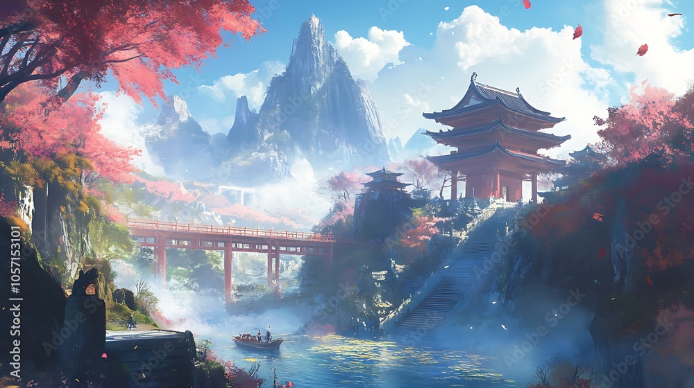 Obraz premium A serene landscape featuring mountains, a bridge, and traditional architecture amidst vibrant autumn foliage.