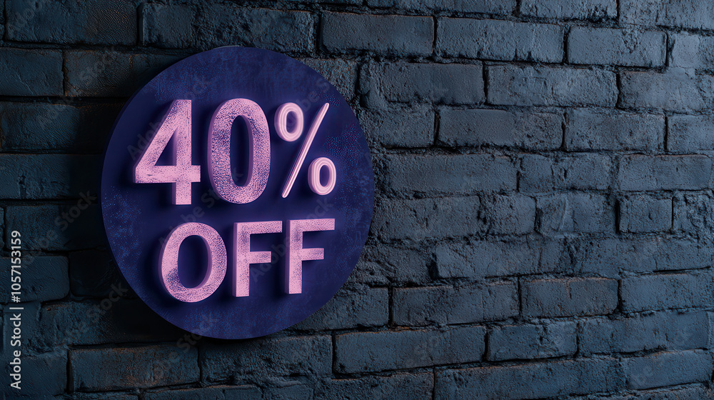 Eye-Catching 40% Off Neon Sign for Retail Promotions on Brick Wall Eye-Catching 40% Off Neon Sign for Retail Promotions on Brick Wall