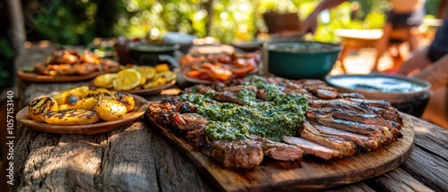 Argentine asado with grilled meats chimichurri and fresh sides in rustic outdoor setting