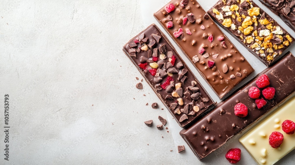 Assortment of chocolate bars arranged on a light backdrop Assortment of chocolate bars arranged on a light backdrop