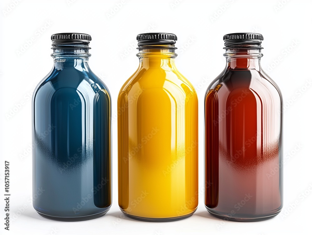 Three colorful glass bottles filled with vibrant paint, showcasing rich hues of blue, yellow, and red against a clean background. Three colorful glass bottles filled with vibrant paint, showcasing rich hues of blue, yellow, and red against a clean background.