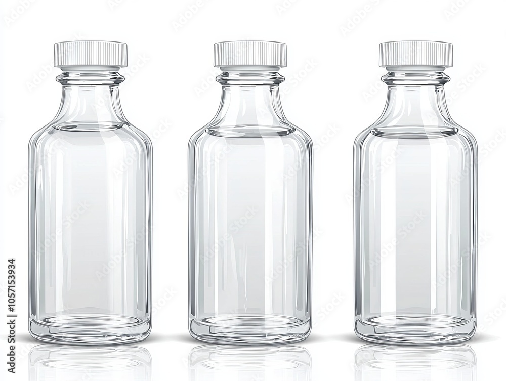 Three empty glass bottles with white caps, perfect for various uses like storage or decoration in a modern setting. Three empty glass bottles with white caps, perfect for various uses like storage or decoration in a modern setting.