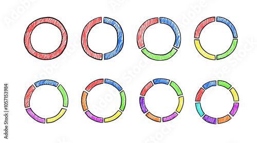 Circular hand drawn chart with color segments. Wheel division into fractions, circular shape sectors. Vector doodles