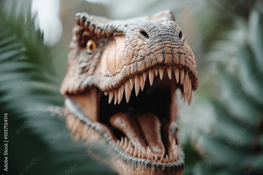 Fototapeta premium A snarling dinosaur, teeth bared, peers from lush green foliage, capturing the primal ferocity of ancient wildlife and evoking nostalgia for prehistoric times.