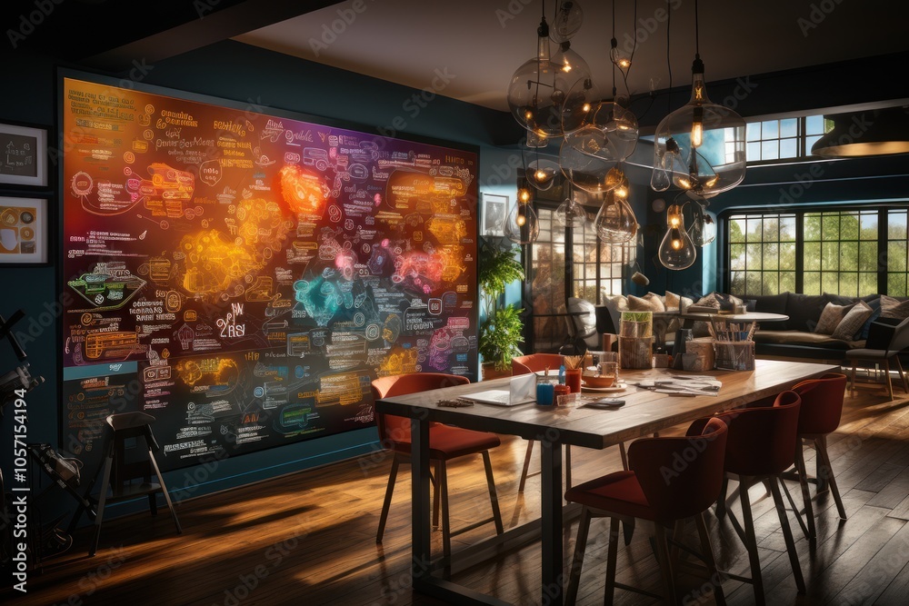 A stylish dining area featuring a vibrant wall map and modern decor. A stylish dining area featuring a vibrant wall map and modern decor.
