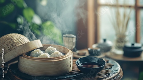 Chinese dim sum dumplings with soy sauce and bamboo steamer in cozy setting