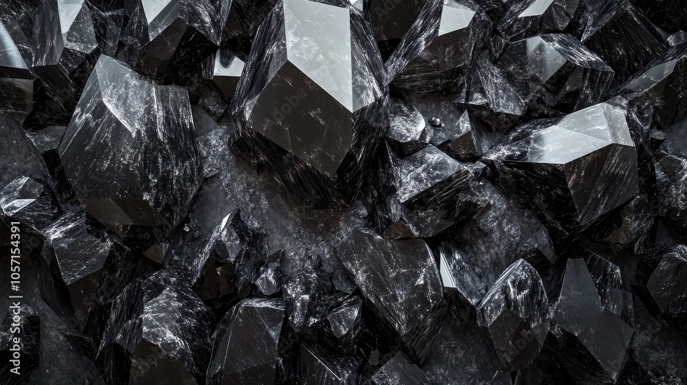 3D render of an abstract black crystal backdrop featuring a faceted texture macro panorama and wide polygonal design 3D render of an abstract black crystal backdrop featuring a faceted texture macro panorama and wide polygonal design