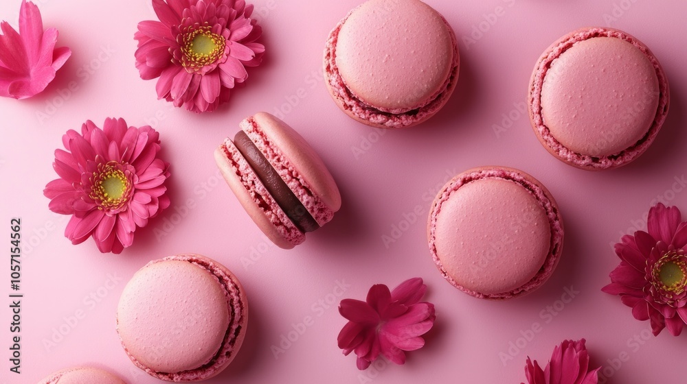 Fototapeta premium A pink macaron with a chocolate center is surrounded by other pink macarons