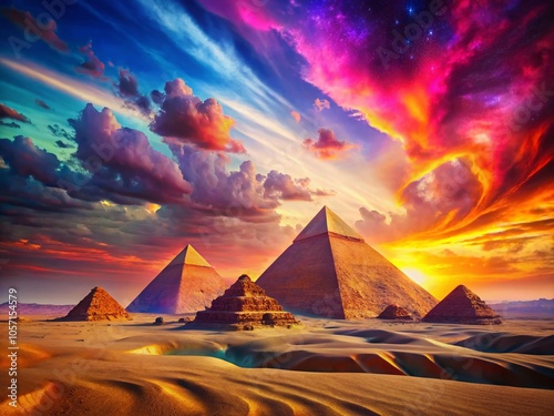 Psychedelic Minimalist Landscape of Ancient Egypt - Surreal Desert, Colorful Skies, and Mystical Pyramids for Unique