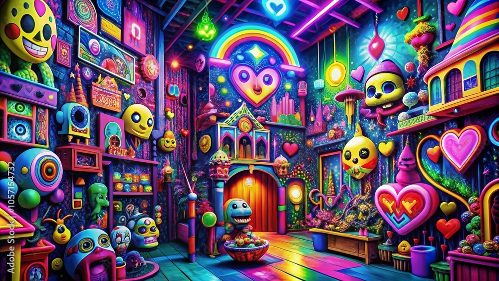 Obraz premium Psychedelic Surreal Architecture with Neon Stickers and Cartoon Elements for Unique Abstract Hallucination Art