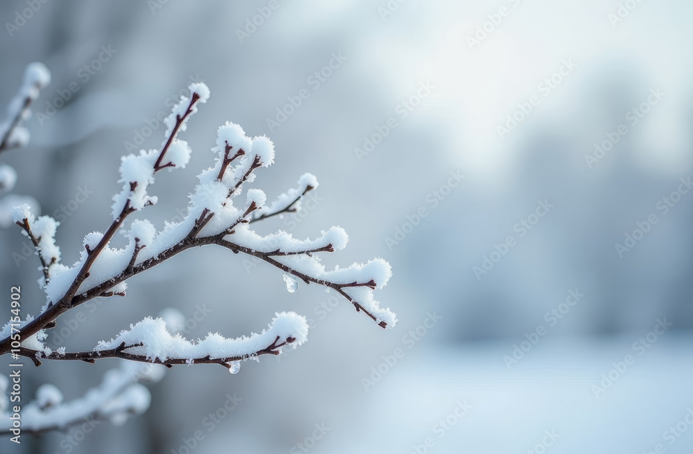 Winter serenity: snow-covered branches in a tranquil landscape blur Winter serenity: snow-covered branches in a tranquil landscape blur