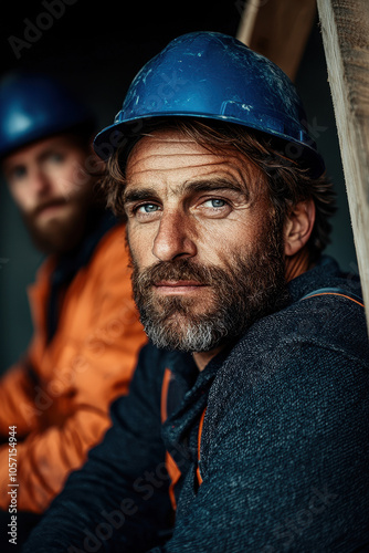 Portrait of a Construction Worker with a Blue Hardhat on a Building Site