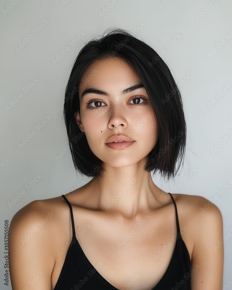 Elegant Portrait of a Woman with Modern Black Hair and Natural Makeup Elegant Portrait of a Woman with Modern Black Hair and Natural Makeup