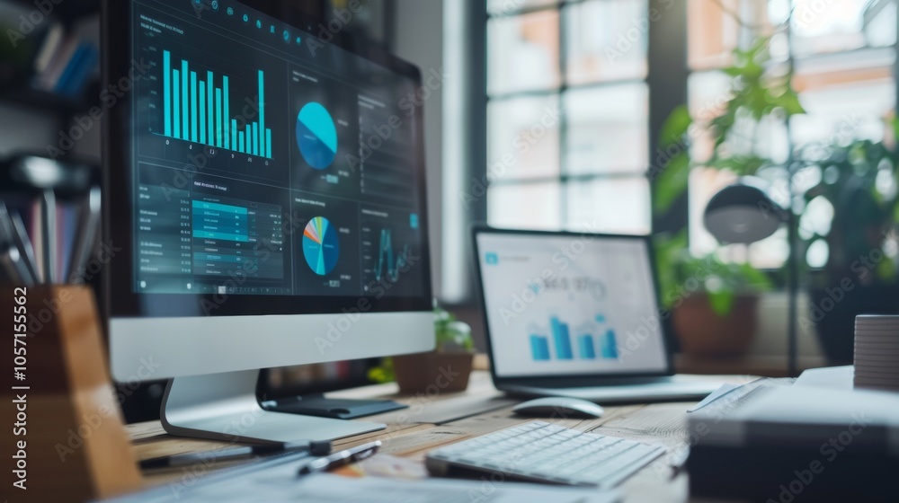 Dual monitors displaying data analysis and statistics Dual monitors displaying data analysis and statistics