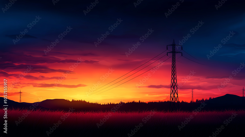 Minimalist landscape with a single towering electric turbine under a vibrant sky, emphasizing infrastructure and renewable energy Minimalist landscape with a single towering electric turbine under a vibrant sky, emphasizing infrastructure and renewable energy