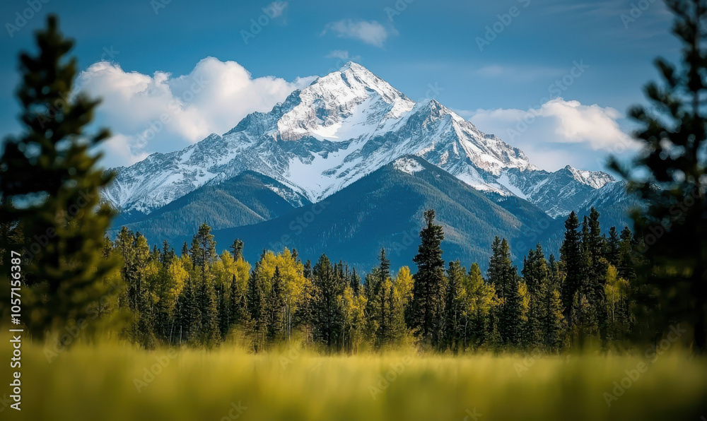 Majestic Snow-Covered Mountain Peak Overlooking Vibrant Pine Forest Majestic Snow-Covered Mountain Peak Overlooking Vibrant Pine Forest
