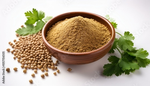 A bowl of ground coriander with whole seeds scattered around on an isolated white background
