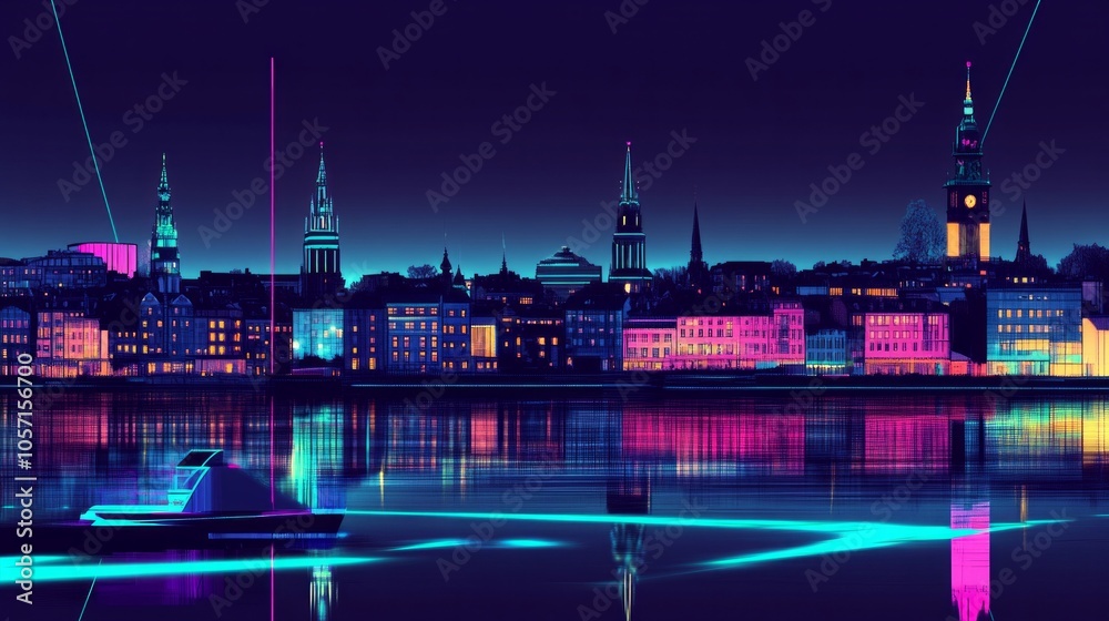 Fototapeta premium A city skyline with a boat in the water