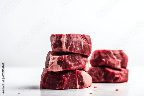 Cut fresh beef on white background free space for text, AI Generated