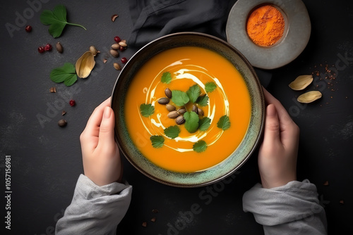 Female hands with bowl of pumpkin soup top view mockup, On grey background. AI Generated	
