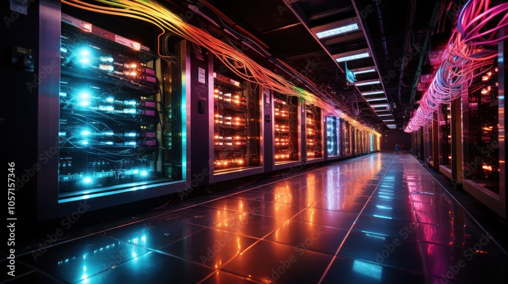 A data center with illuminated servers and cables, showcasing modern technology infrastructure. A data center with illuminated servers and cables, showcasing modern technology infrastructure.