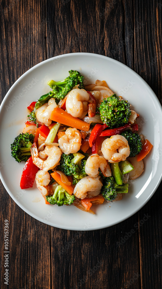 King prawn stir fry with broccoli, red peppers, carrots, and onions on white plate on dark wooden table King prawn stir fry with broccoli, red peppers, carrots, and onions on white plate on dark wooden table