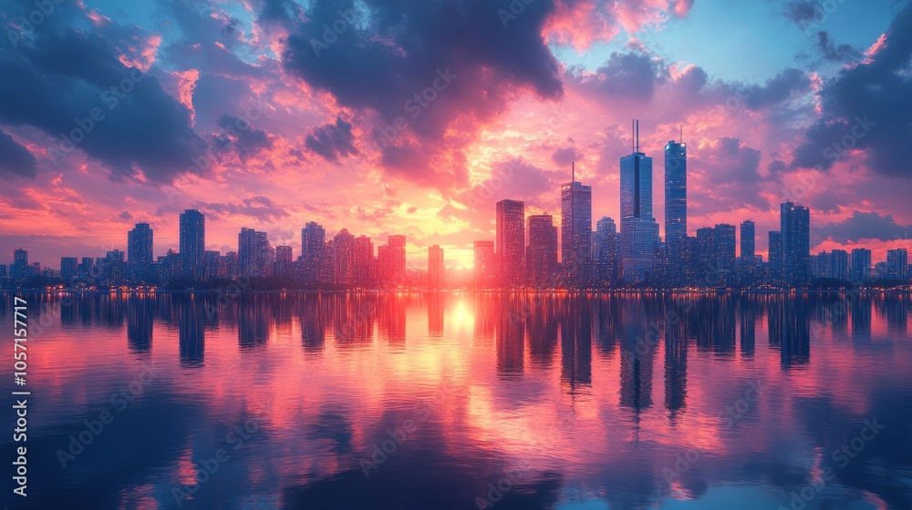 Fototapeta premium A city skyline is reflected in the water