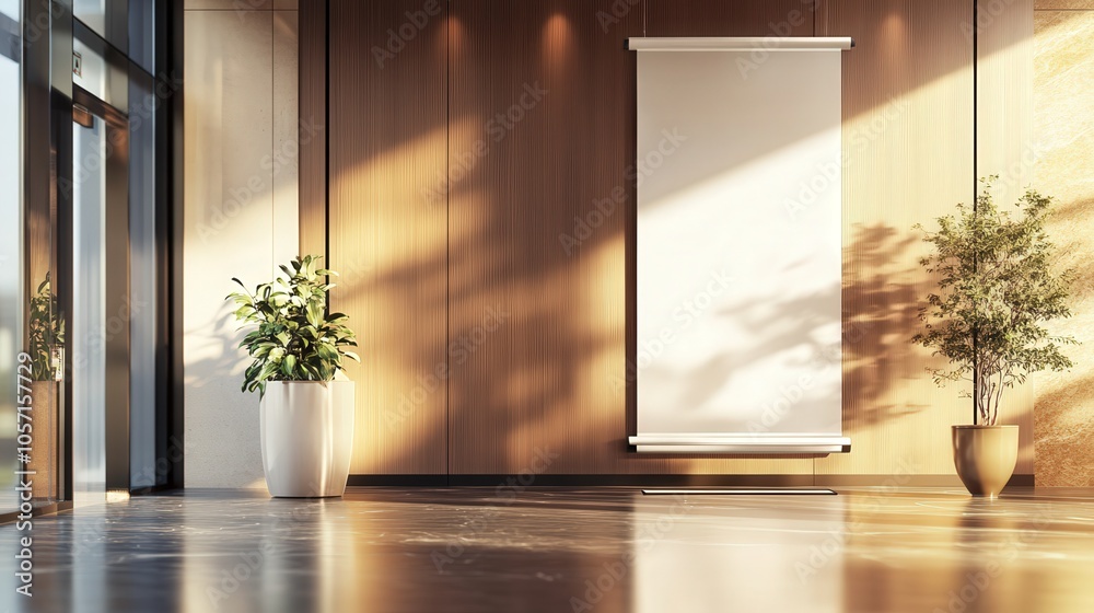 A modern interior featuring a wooden wall, sunlight casting shadows, and two potted plants flanking a blank roller banner. A modern interior featuring a wooden wall, sunlight casting shadows, and two potted plants flanking a blank roller banner.