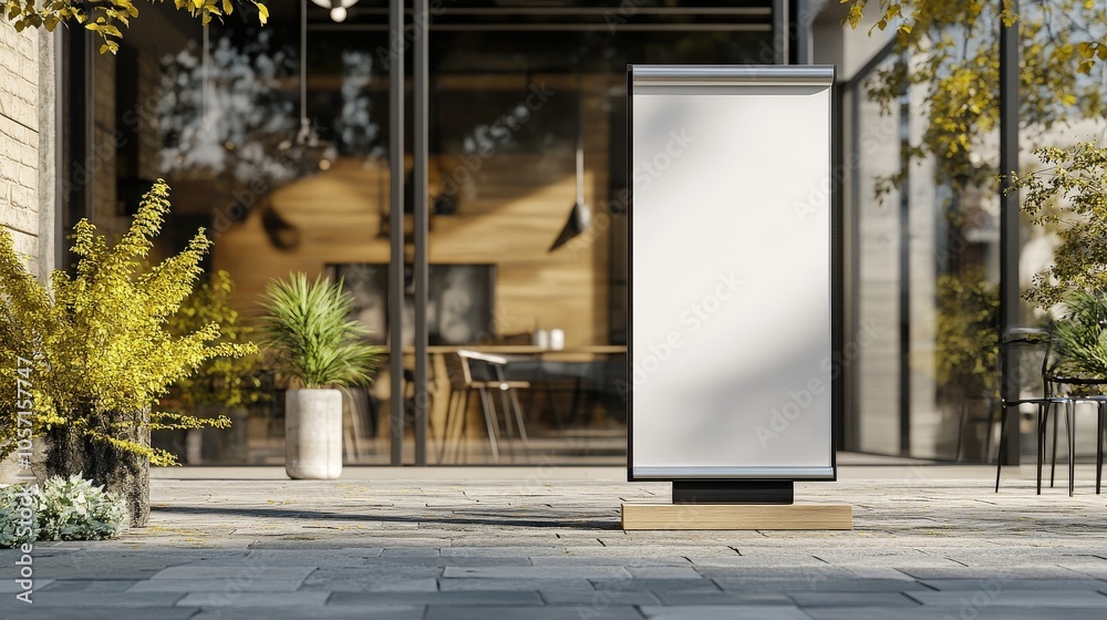 A minimalist outdoor scene featuring a blank advertising board in front of a stylish café with modern seating and greenery. A minimalist outdoor scene featuring a blank advertising board in front of a stylish café with modern seating and greenery.