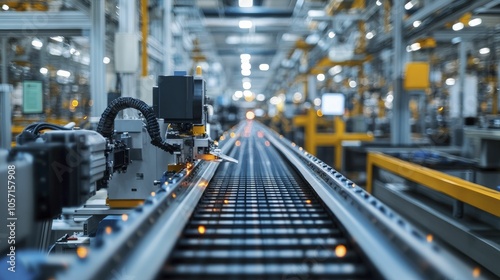 A factory line featuring automated machinery, emphasizing efficient production, within a bustling industrial environment.