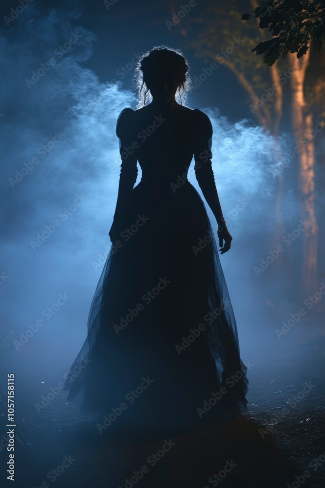 Silhouetted Woman in a Black Dress Walking Through Fog Silhouetted Woman in a Black Dress Walking Through Fog