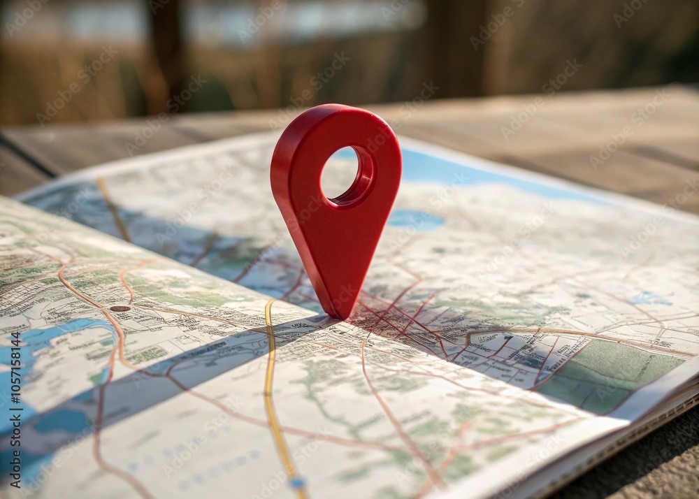 Red Pin Location Sign on Paper Map for Navigation and Travel Planning Red Pin Location Sign on Paper Map for Navigation and Travel Planning