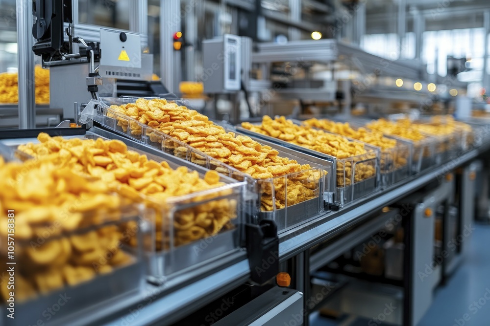 Automated factory producing packaged snacks, high-efficiency workflow, focus on sanitation and safety Automated factory producing packaged snacks, high-efficiency workflow, focus on sanitation and safety