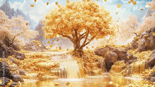 A serene landscape featuring a golden tree surrounded by shimmering water and floating leaves