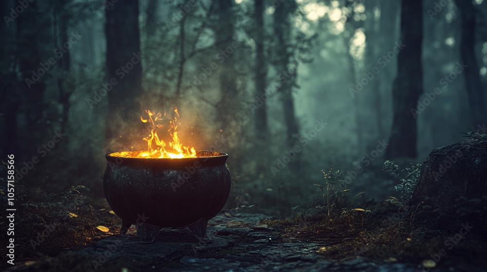 A rustic, cast-iron cauldron with a glowing, toxic brew, isolated in a misty forest clearing A rustic, cast-iron cauldron with a glowing, toxic brew, isolated in a misty forest clearing