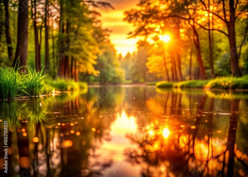 Reflection of Sunrise in Forest Pond with Bokeh Effect - Tranquil Nature Scene