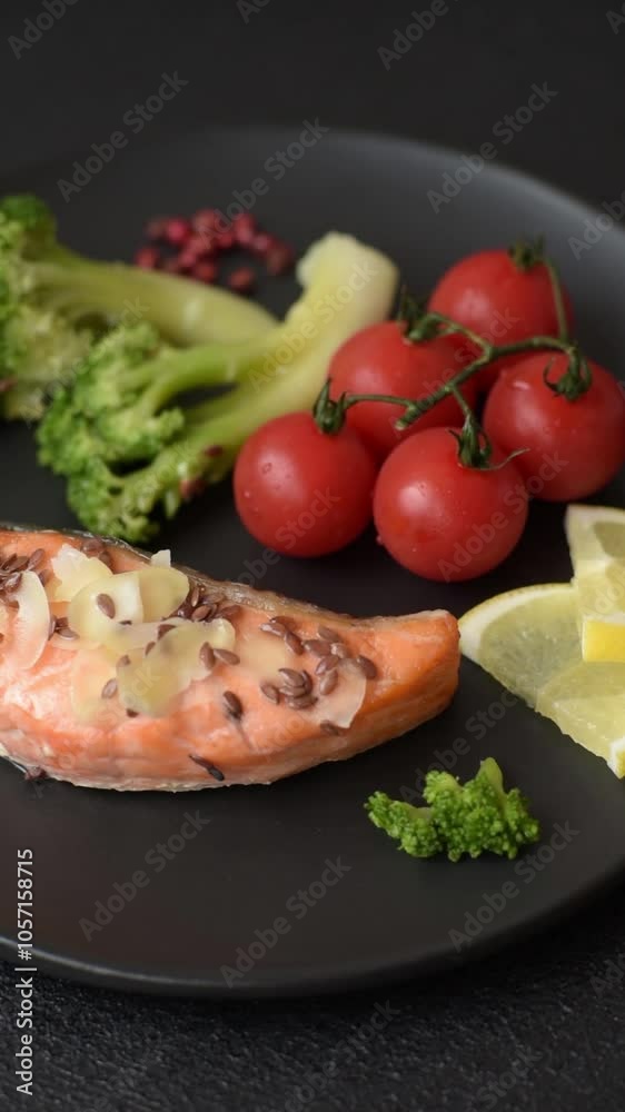 Grilled salmon with salt and spices, broccoli, tomatoes, rice on a dark concrete background