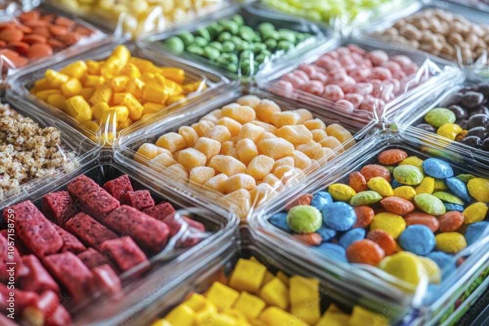 Close-up of vibrant junk food in its packaging, highlighting additives and chemicals under brilliant lighting. Close-up of vibrant junk food in its packaging, highlighting additives and chemicals under brilliant lighting.