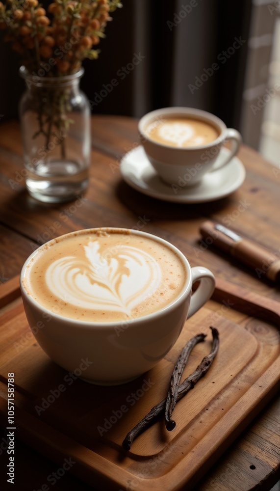 Coffee with latte art on wooden table Coffee with latte art on wooden table