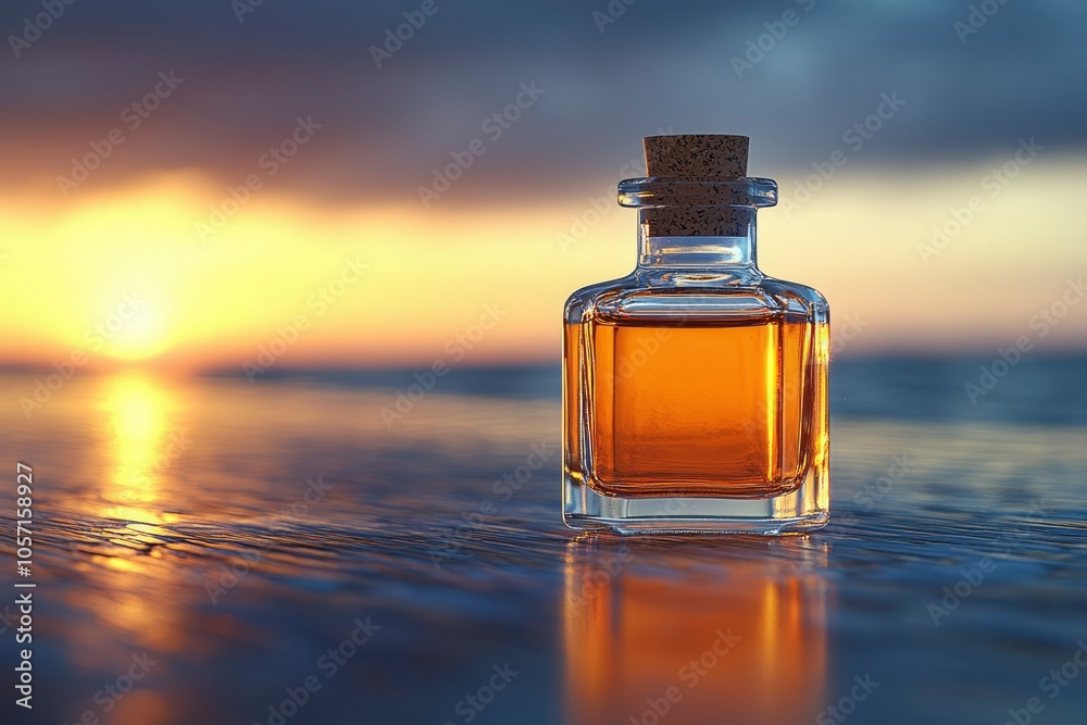 Glass Bottle with Cork Stopper on Wooden Surface at Sunset Glass Bottle with Cork Stopper on Wooden Surface at Sunset