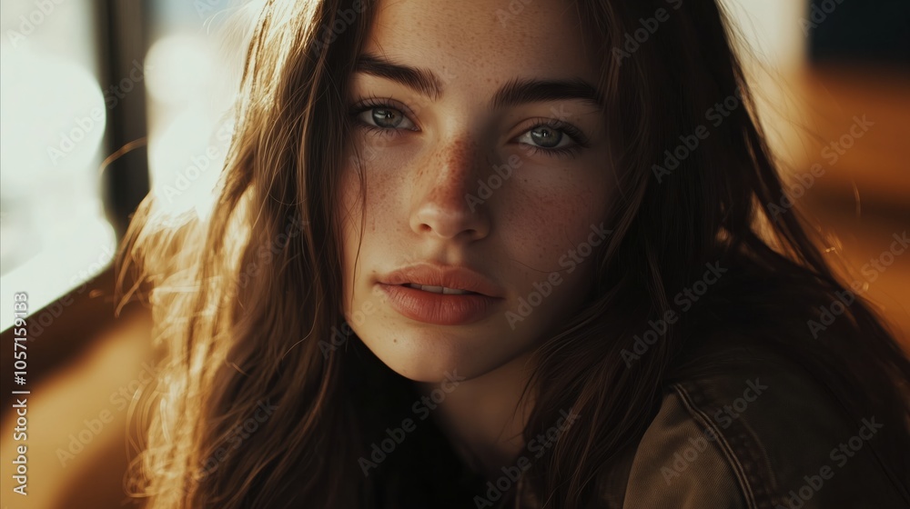 Woman with long brown hair and green eyes is sitting in a chair Woman with long brown hair and green eyes is sitting in a chair